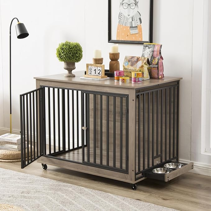 Dog Crate Furniture, Dog House Indoor with Feeding Bowl and Wheels, Wood Dog Crate Dog Kennels Decorative Dog Crate for Small Medium Dogs Grey 43.7" W x 30" D x 33.7" H One Size