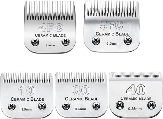 5PCS 10 Blades Dog Grooming Replacement Blades Compatible with Andis Pet Clipper/Oster A5/Wahl KM Series Dog Clipper,Ceramic Blade & Stainless Steel Blade, Size ：#10+30+40+5FC+4FC