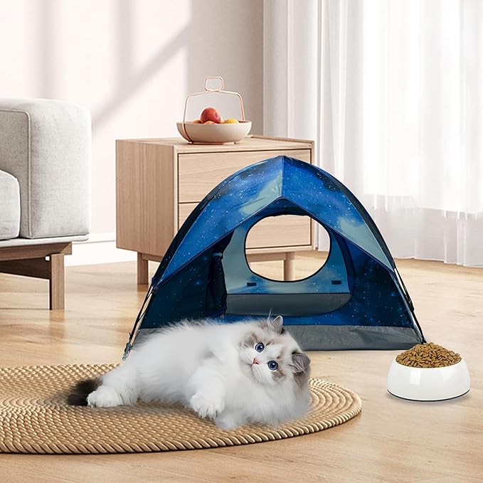 Outdoor Waterproof Pet Camping Tent, Cave Bed for Indoor Cats and Small Dogs, Portable Cat House Dog House, 29.5x29.5x18.9'', Navy Blue, M.