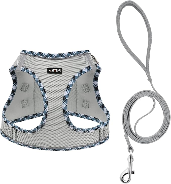 AMTOR Small Dog Harness with Leash Set, No Escape Easy Walk Puppy Harnesses for Training Walking, Step-in Reflective Soft Dogs Vest for XS S Medium Extra-Small Large Sized Dog(Grey)