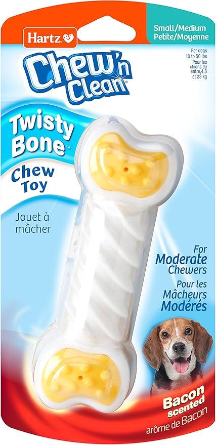 Hartz Chew ‘n Clean Twisty Bone Dog Chew Toy, Bacon Scented Chew Toy for Moderate Chewers, Small/Medium, Color Varies