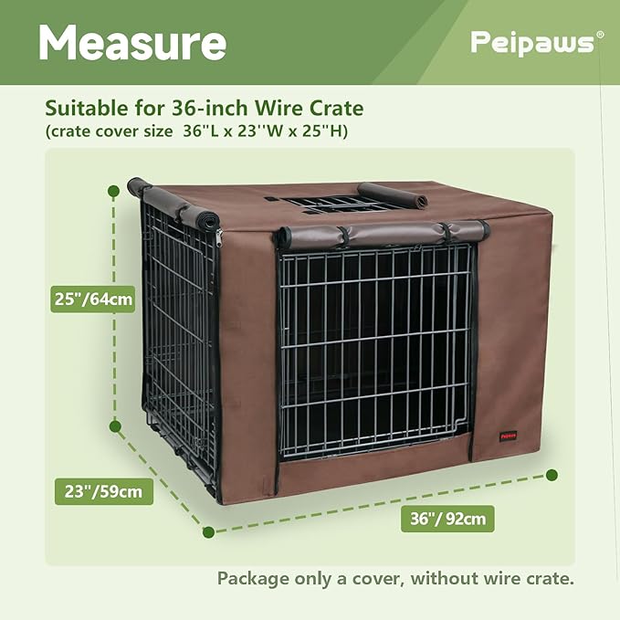 Dog Crate Cover 36 Inch - Waterproof Kennel Cover with Top Window, 600D Oxford Fabric Dog Cage Cover Fit for Most Double Door Wire Crate, Unique Drinking Hole Design, Brown (Cover Only)