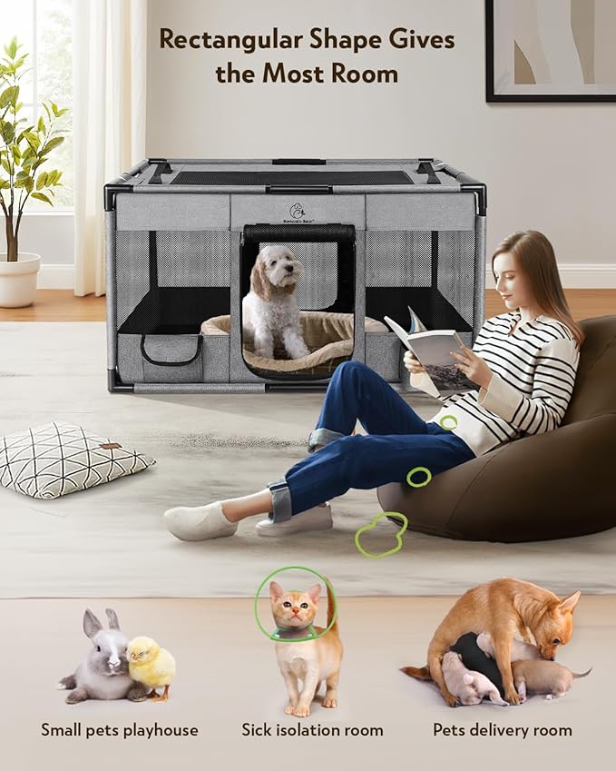 Dog Playpen,Fabric Fence, Portable Soft Cat Kennel Crate,Breathable Exercise Puppy Pen,PVC Pipe Frame,Indoor Outdoor Cage for Large/Medium/Small Animals with Carrying Case(L)