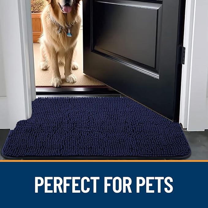 OLANLY Dog Door Mat for Muddy Paws 48x30, Absorbs Moisture and Dirt, Absorbent Non-Slip Washable Mat, Quick Dry Chenille, Mud Mat for Dogs, Entry Indoor Door Mat for Inside Floor, Navy Blue
