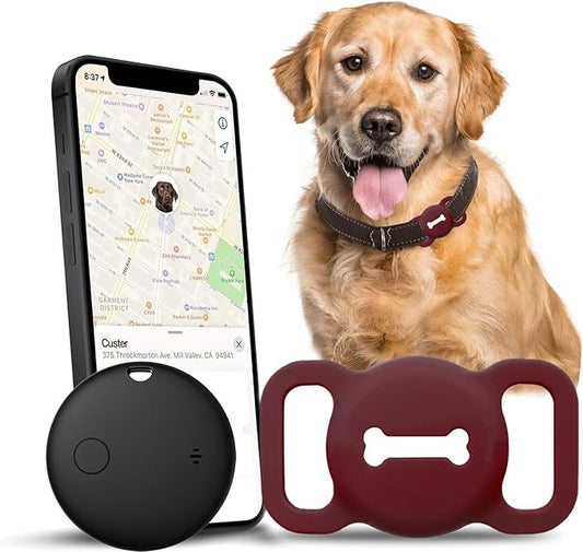 Smart Pet Tracker, Dog Tracker with Black Collar Holder, Smart Tag for Seamless Location Tracking, No Monthly Fee, MFi Certificated, Work with Find My, No GPS Tracker, iOS Only (Wine Red)