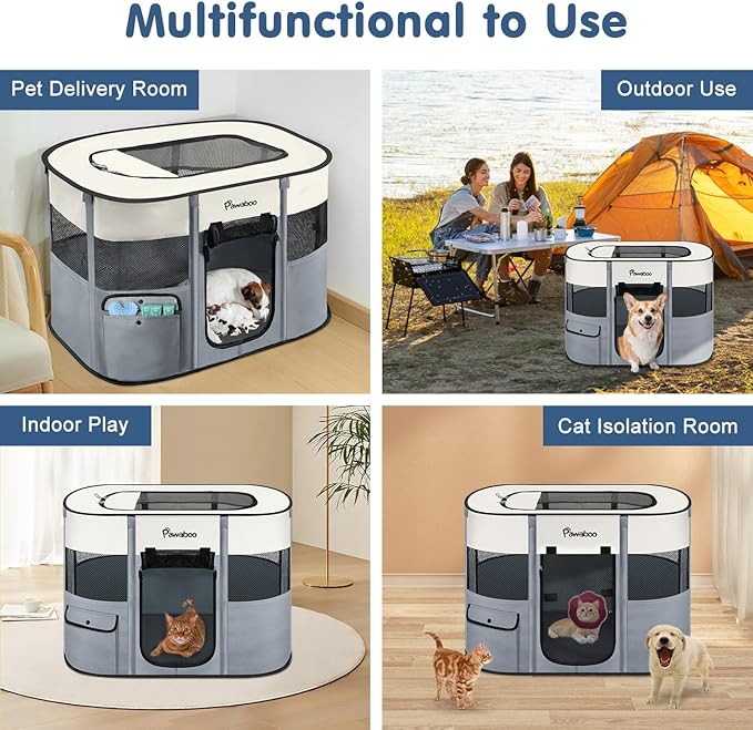 Dog Playpen, Portable Pet Playpen Cat PlayPen, 600D Oxford Dog Kennel Tent Crate, Waterproof&Breathable, Indoor Outdoor Travel Camping Use for Medium/Large Breed with Carrying Case+Folding Bowl,M,Gray