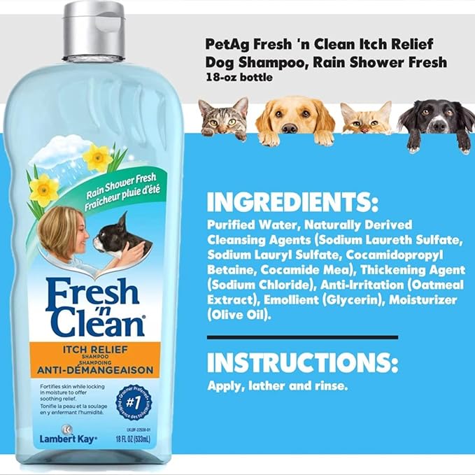 PetAg Fresh 'n Clean Itch Relief Shampoo - Rain Shower Fresh Scent Dog Shampoo - Instant Relief for Dry & Irritated Skin - 18 fl oz
