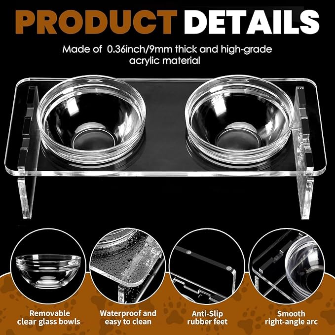 Dog and Cat Bowls Elevated Set - Acrylic Feeder Stand with 2 Set Removable Stainless Steel and Glass Bowls Food and Water Raised Dishes for Small Pet,3.75 inches
