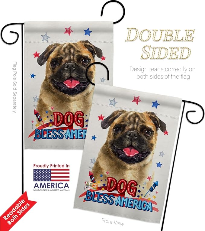 Breeze Decor Patriotic Pug Garden Flag Pack Dog Puppy Spoiled Paw Canine Fur Pet Nature Farm Animal Creature Support Our Troops House Banner Small Yard Gift Double-Sided, Made in USA