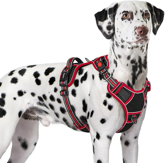 Eagloo Dog Harness for Large Dogs, Easy Wearing with 3 Buckles, Adjustable No Pull Pet Harness with 2 Rings for Walking, No Chock Reflective Soft Padded Vest with Control Handle, Black & Red, XL