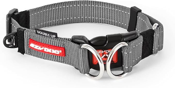 EzyDog Double Up Premium Nylon Dog Collar with Reflective Stitching - Double D-Rings for Superior Strength, Safety, and Comfortability - Non-Rusting, Includes an ID Attachment (L, Gray)