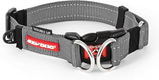 EzyDog Double Up Premium Nylon Dog Collar with Reflective Stitching - Double D-Rings for Superior Strength, Safety, and Comfortability - Non-Rusting, Includes an ID Attachment (L, Gray)