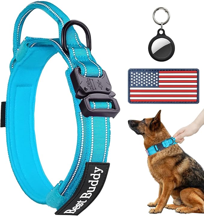 AUBELL Reflective Tactical Dog Collar with Handle, Heavy Duty Military Durable Thick Dog Collar with Metal Buckle Great for Medium Large Dogs, with Airtag Case and 2 Patches(Blue, M)