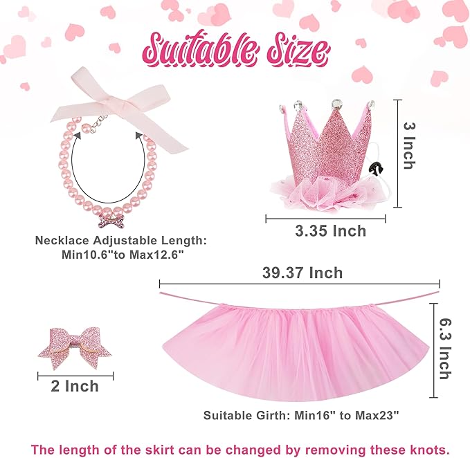 Dog Birthday Outfit Pink Tutu Dogs Birthday Party Supplies Dog Birthday Hat Necklace and Bowtie Hairpin for Dogs (16-23 inch Wrist)