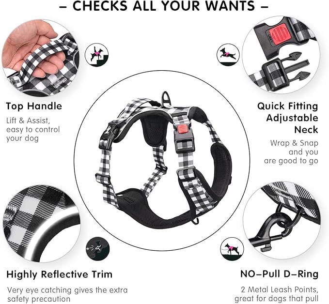 PoyPet No Pull Dog Harness, [Neck Release] Reflective Adjustable No Choke Pet Vest with Front & Back 2 Leash Attachments, Soft Control Training Handle for Small Dogs(Grid,XL)