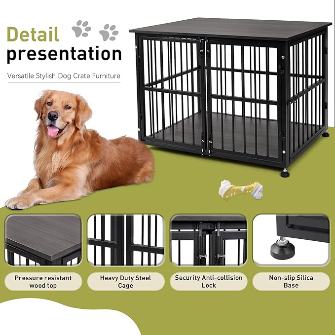 Dog Crate Furniture, 40'' Dog Kennel Indoor Foldable, Sturdy Wooden Dog Crate End Table Easy Assembly with Side Doors for Large and Medium Dog