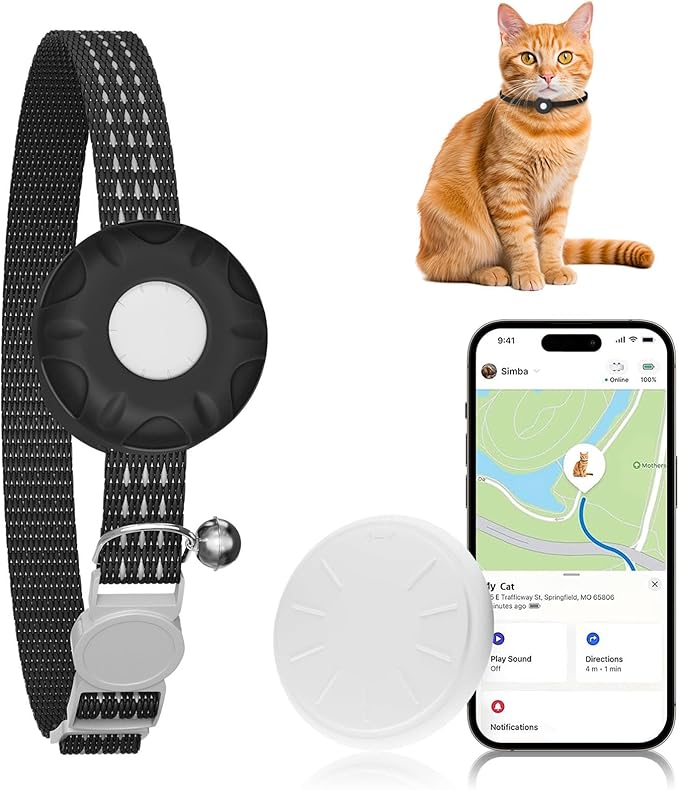 Cat Tracker,No Monthly Fee Cat Tracker Collar (Only iOS),Waterproof Pet Tracker for Cats with Safety Elastic Buckle,Works with Any Collar,Compatible with Apple Find My App not for Android,Black