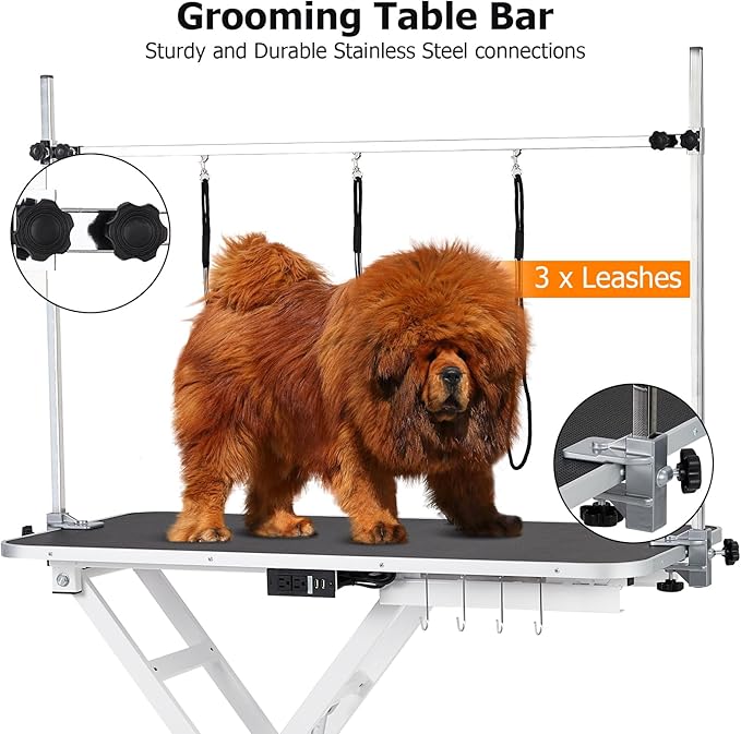 47” Electric Lift Dog Grooming Table (White), Heavy Duty Electric Grooming Arm Table for Pets & Large Dogs Adjustable Height: 9.4"-39.4" Non-slip Desktop with Gantry Crane Set, Fixture *4 Noose*2