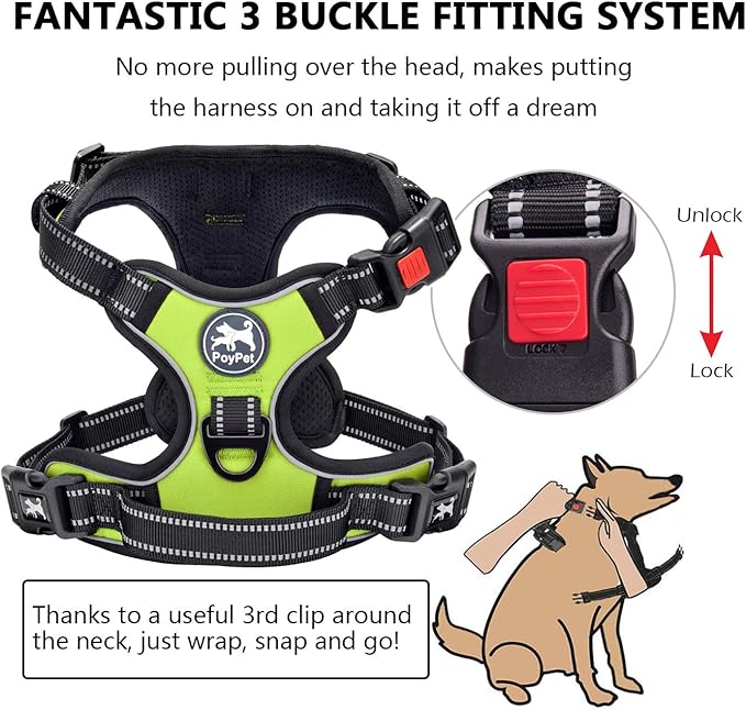 PoyPet No Pull Dog Harness, No Choke Front Clip Dog Reflective Harness, Adjustable Soft Padded Pet Vest with Easy Control Handle for Small to Large Dogs(Green,S)