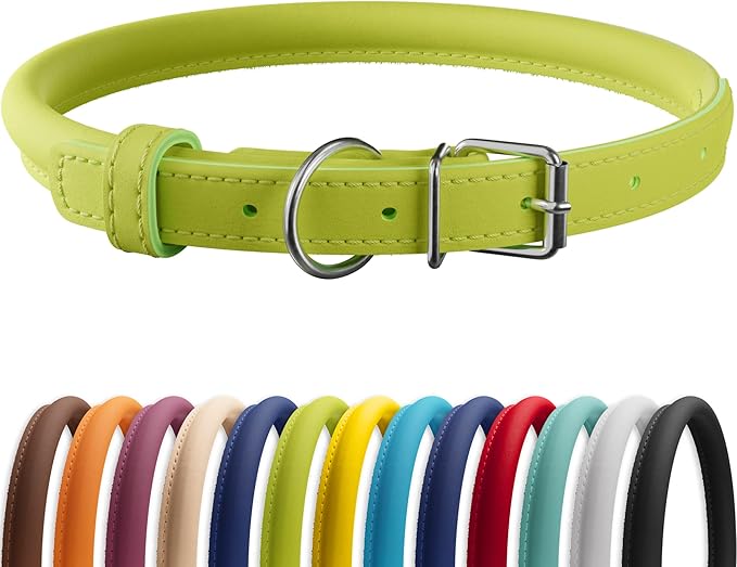 CollarDirect Rolled Leather Dog Collar, Soft Padded Round Puppy Collar, Handmade Genuine Leather Collar Dog Small Large Cat Collars 13 Colors (11-14 Inch, Lime Green Smooth)