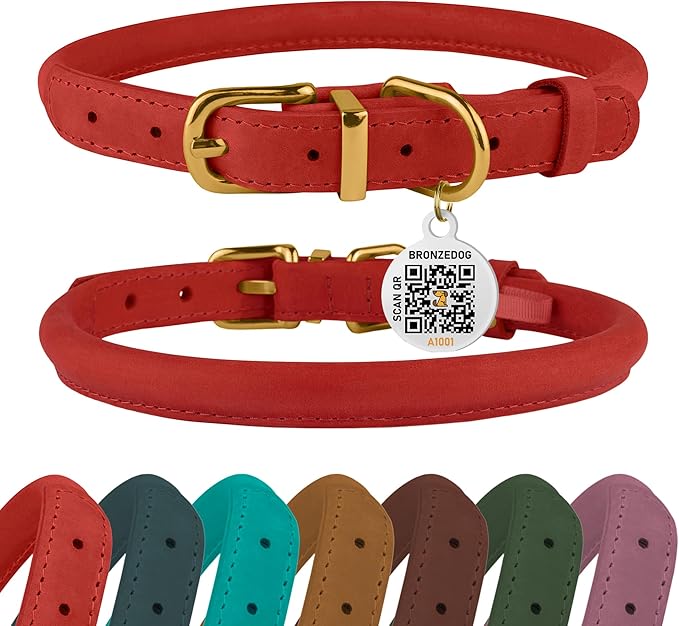 BRONZEDOG Rolled Leather Dog Collar with QR ID Tag Adjustable Soft Round Collars for Small Medium Large Dogs Puppy Cat (9" - 11" Neck Size, Classic Red)