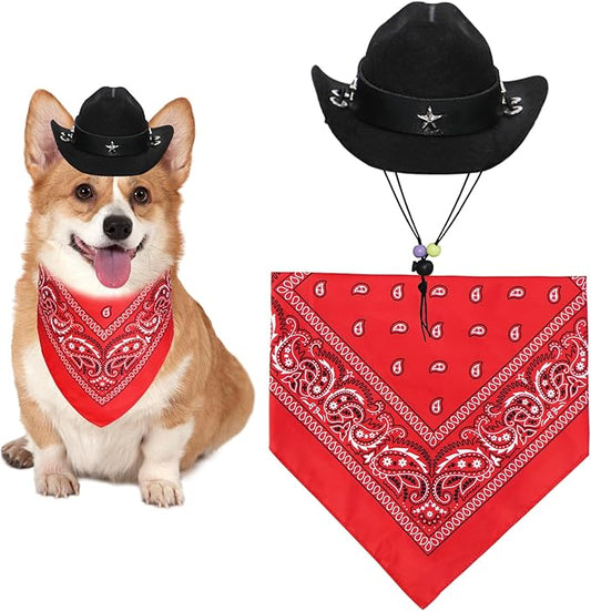 Dog Halloween Costumes, Dog Cowboy Costume Halloween Pet Cowboy Hat Bandana Scarf for Small Medium Large Dogs Pets (Black Hat & Red Bandana, Small)