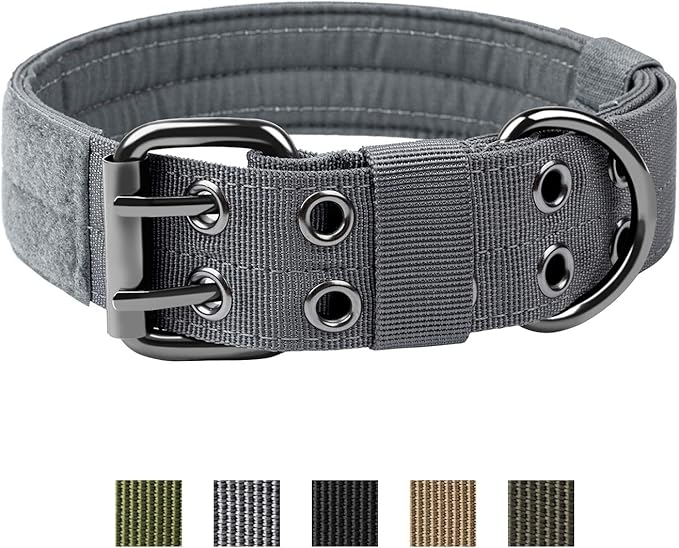 OneTigris Military Adjustable Dog Collar with Metal D Ring & Buckle 2 Sizes (M, Grey)