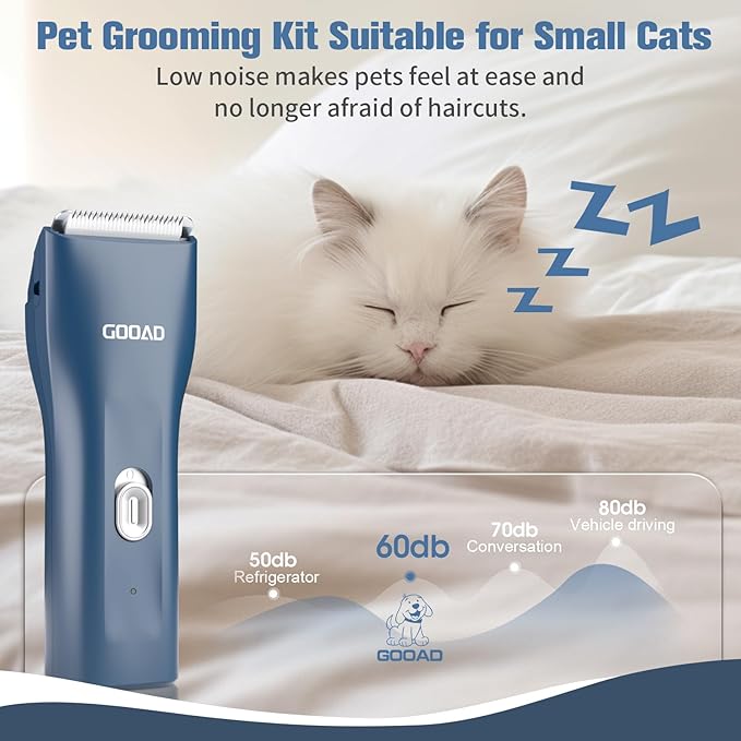 Goood Cat Clippers for Matted & Long Hair - Quiet, Cordless Grooming Kit with Paw Trimmer & Nail Grinder for Cats & Small Pets (Blue)