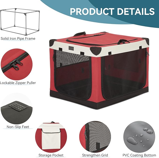 PETSFIT Portable Dog Crate, with Patented Adjustable Fabric Cover, Chewproof & Lockable Mesh Doors, Waterproof Base Portable Kennel Red 26 Inch
