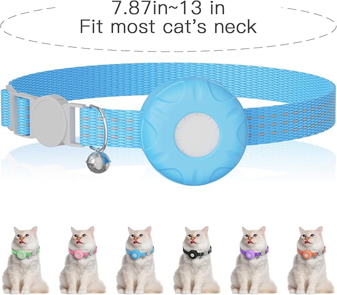 Cat Tracker Collar,No Monthly Fee Tracking Pet Collar with Finder Tag,Compatible with Apple Find My(iOS Only),Breakaway Tractive Design with Reflective Pattern & Bell,Blue