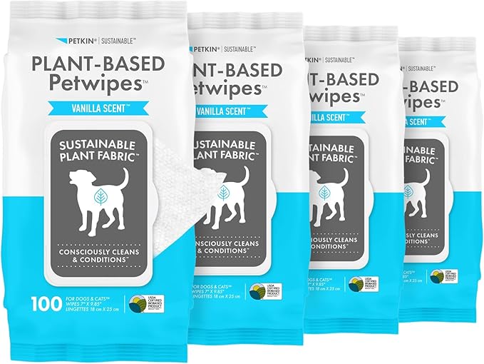 Petkin Plant-Based PetWipes, 100 Wipes, 4 Pack - Biobased, Sustainable, Big & Thick Pet Wipes for Dogs & Cats - for Face, Paws, Ears, Body & Eye Area - Consciously Cleans & Conditions - Vanilla