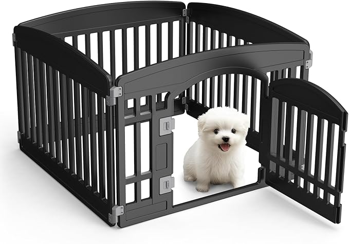 Dog Playpen 4-Panel 24" | Safe & Secure Indoor/Outdoor Pet Fence | Folding & Portable |35 x 35 x 24IN, Ideal for Small to Medium Dogs | Easy to Clean （Black）