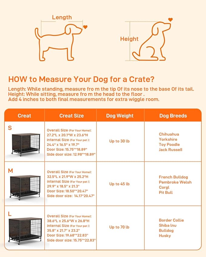 Dog Crate Furniture with Cushion, Dog Kennel Indoor with Wheels, Dog Crate End Table with Tray, 27.2" Dog Cage with Double Doors for Small Dog (Rustic Brown)