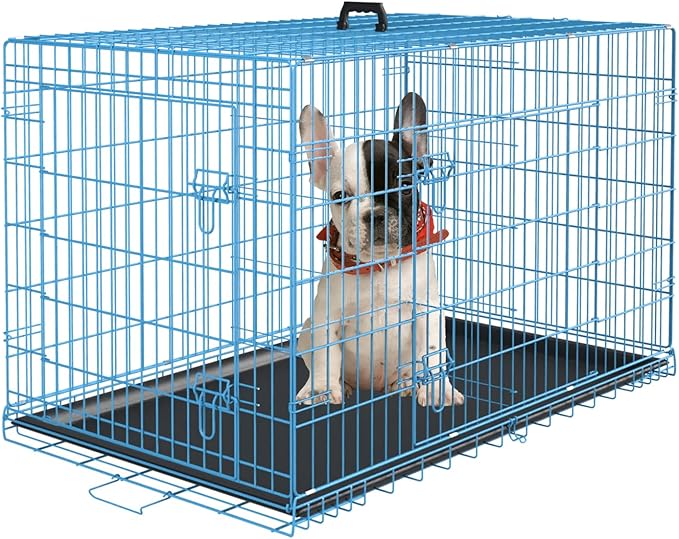 PayLessHere Large Dog Crate Kennel for Medium Large Dogs 24 inches Metal Dog Cage Double-Door Folding Travel Indoor Outdoor Puppy Playpen with Divider and Handle Plastic Tray,Blue