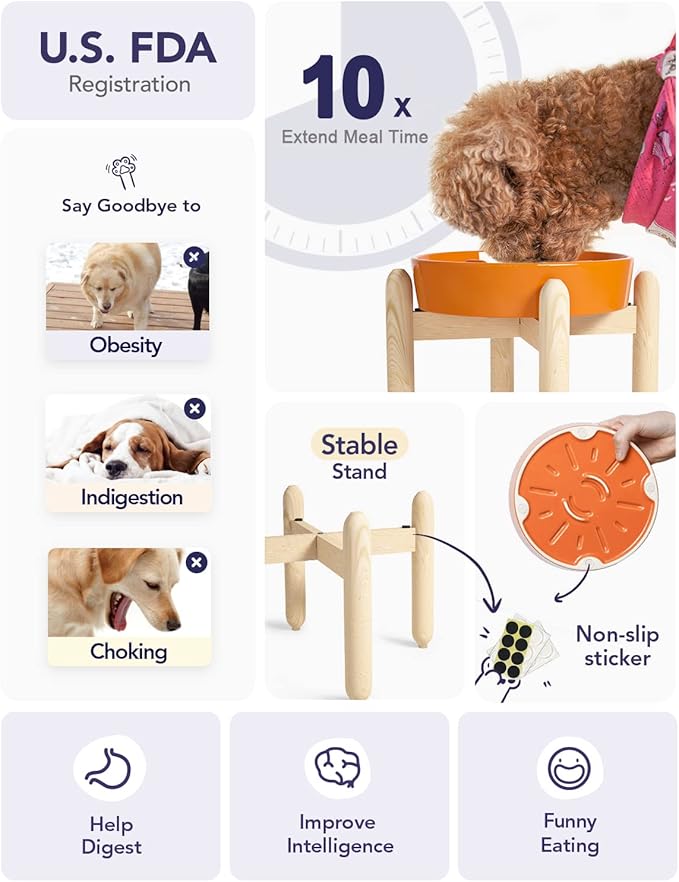 LE TAUCI Ceramic Slow Feeder Dog Bowls Elevated for Small and Medium Breed, Dog Bowls with Wooden Stand, 1.5 Cups Dog Dishes to Slow Down Eating, Anti-Gulping Pet Feeding Dishes, Sun Orange