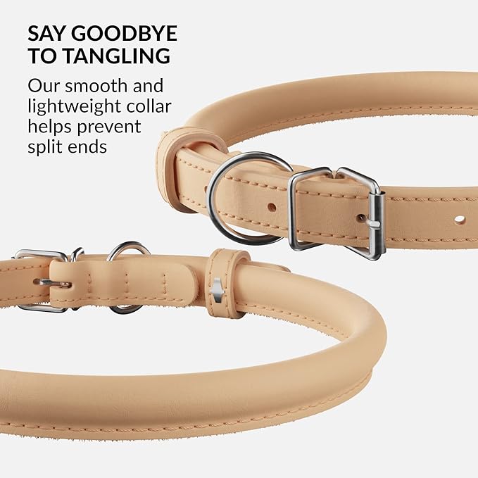 CollarDirect Rolled Leather Dog Collar, Soft Padded Round Puppy Collar, Handmade Genuine Leather Collar Dog Small Large Cat Collars 13 Colors (15-19 Inch, Beige Smooth)