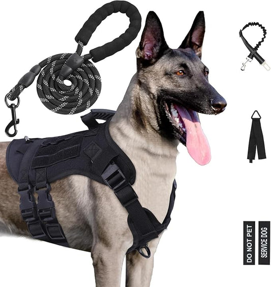 No Pull Tactical Dog Harness for Small Dogs, Escape Proof Molle Dog Vest Harness and Leash Set, Adjustable Military Service Dog Harness with Handle for Medium Large Dogs(Black, Small)