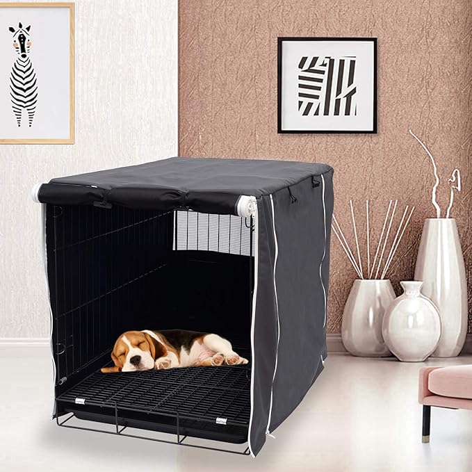 Geyecete Dog Crate Cover - Universal Fit for 24-48Inch Wire Dog Crate, Lightweight Polyester Fabric, Breathable Double Door Cage Cover - Gray - 48 Inch