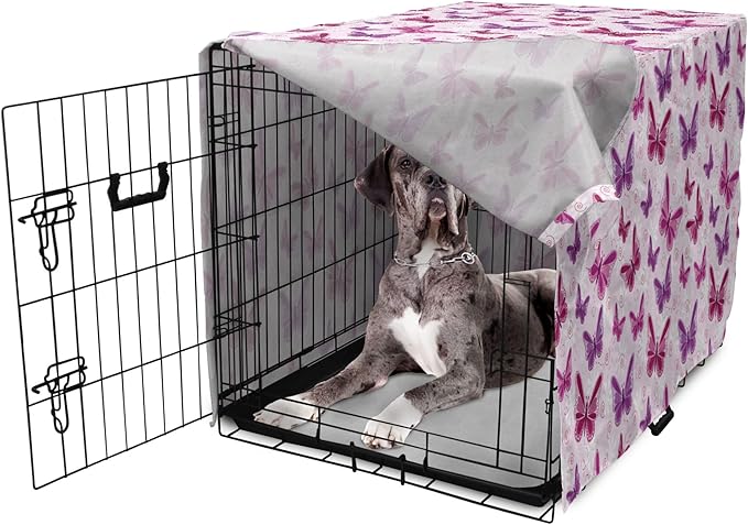 Ambesonne Purple Dog Crate Cover, Abstract Butterflies on Floral Background Feminine Romance Illustration, Easy to Use Pet Kennel Cover for Medium Large Dogs, 48 Inch, Maroon Purple Pale Pink