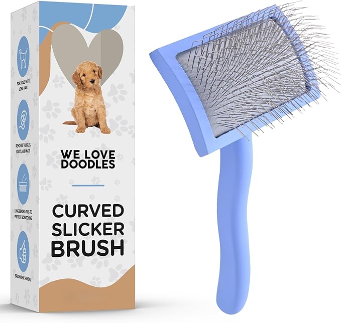 We Love Doodles Dog Slicker Brush for Grooming Pet Hair - Best Brushes For Poodle & Golden Doodle - Long Haired Brush For Dogs - Goldendoodle Long Pin Comb For Dematting (Medium Curved)