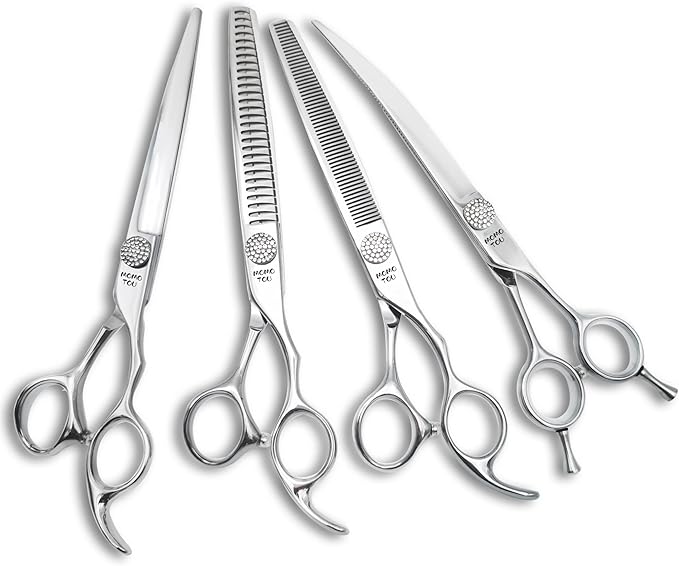 Polished Dog Grooming Scissors Set with Simulation Diamond 440C Stainless Steel Thinner Curved Straight Chunker Shears with Comb 8''