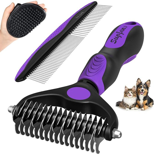 3PCS Dog Grooming Kit I Dog Brush for Shedding I Deshedding Dog Brush I Metal Dog Comb I Dog Bath Brush I Undercoat Rake for Dogs and Cats I Premium Pet Supplies (Purple Black)