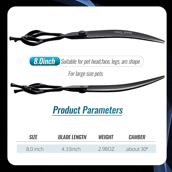 Fenice Dog Curved Grooming Scissors 8.0" Pet Shears Made Of Japanese 440C for Trimming Dogs Cats and Other Pets Face and Paws Black