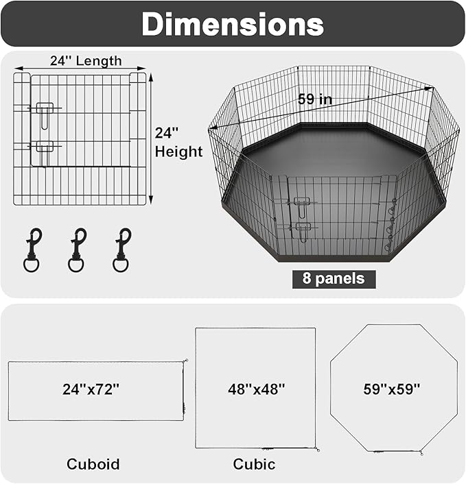 Artmeer Pet Playpen Puppy Playpen Kennels Dog Fence Exercise Pen Gate Fence Foldable Dog Crate 8 Panels 24 Inch for Pet Animals Outdoor Indoor with Bottom Pad (Black with Bottom pad)