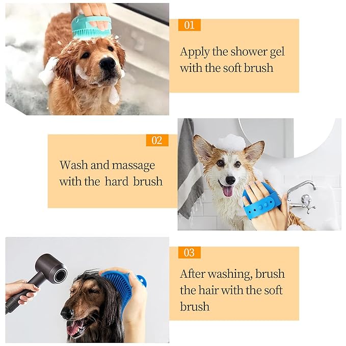 BLMHTWO 3 Pack Silicone Pet Bathing Brush with Adjustable Ring Handle for Short and Long-Haired Dogs and Cats