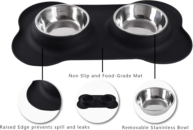 Hubulk Pet Dog Bowls 2 Stainless Steel Dog Bowl with No Spill Non-Skid Silicone Mat + Pet Food Scoop Water and Food Feeder Bowls for Feeding Small Medium Large Dogs Cats Puppies (M, Black)