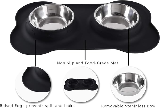 Hubulk Pet Dog Bowls 2 Stainless Steel Dog Bowl with No Spill Non-Skid Silicone Mat + Pet Food Scoop Water and Food Feeder Bowls for Feeding Small Medium Large Dogs Cats Puppies (S, Black)