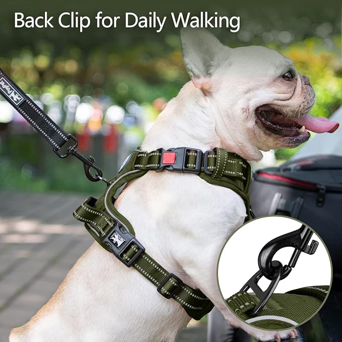 PoyPet No Pull Dog Harness, No Choke Reflective Dog Vest, Adjustable Pet Harnesses with Easy Control Padded Handle for Small Medium Large Dogs(Military Green,S)