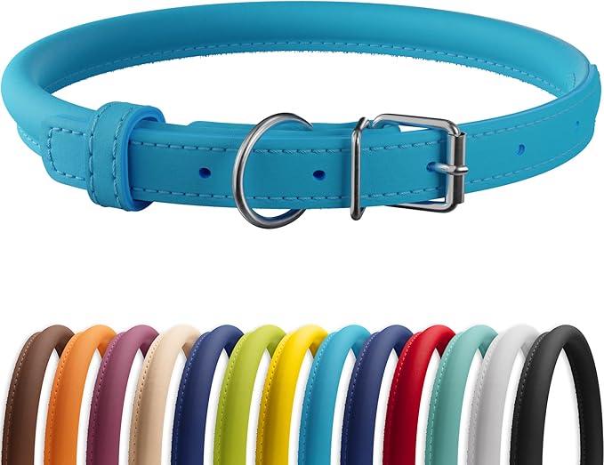 CollarDirect Rolled Leather Dog Collar, Soft Padded Round Puppy Collar, Handmade Genuine Leather Collar Dog Small Large Cat Collars 13 Colors (15-19 Inch, Light Blue Smooth)
