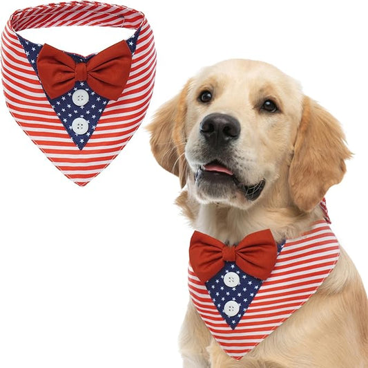 FUAMEY Independence Day Dog Scarfs 4th of July American Flag Dog Tuxedo Triangle Bibs with Bow Tie XL
